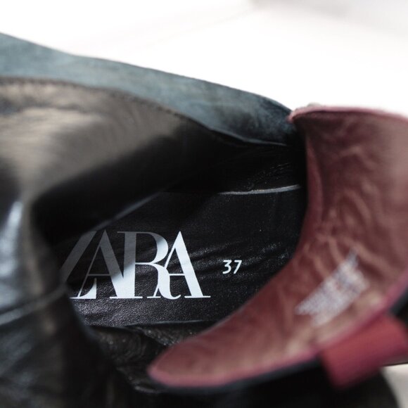 Zara Womens Combat Boot Size 37 6 Black Leather Lace Up Chunky Lug Sole Bootie - Picture 10 of 13